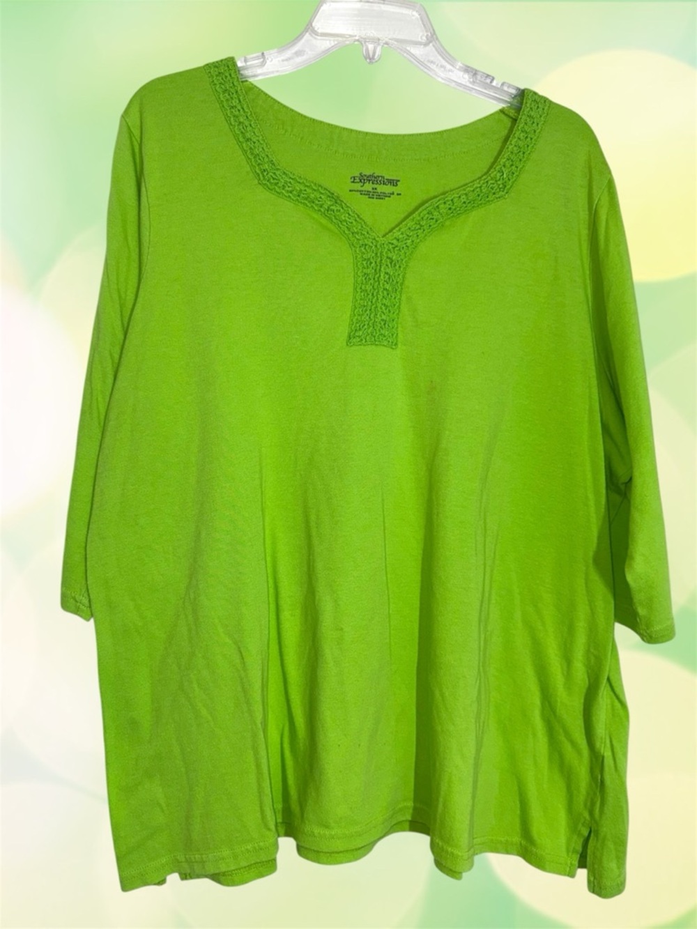 Southern Expressions Women's Bright Lime Green Embroidered Scoop Neck Blouse 3X